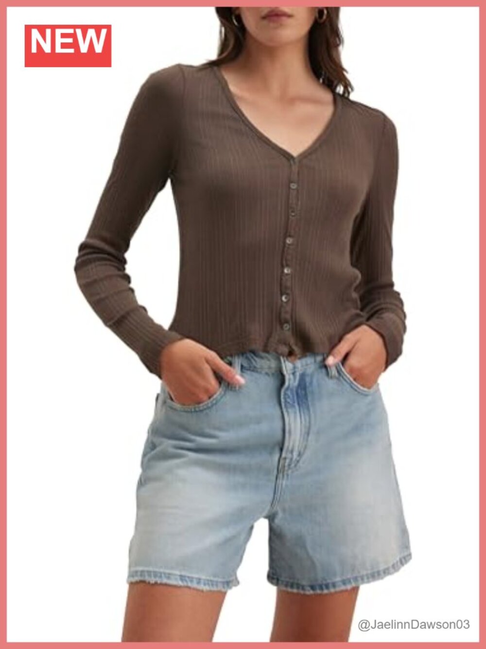 Pointelle Long Sleeve V-Neck Cardigan T-Shirt Women's Top